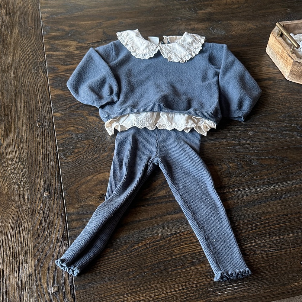 Zara Blue Knit Top and Leggings Set with Cream Lace Collar